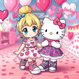 A charming scene featuring a Sanrio girl with blonde hair styled in a cute bun, bright blue eyes, and wearing classic Chuck Taylor sneakers