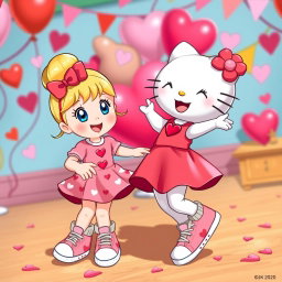 A joyful scene depicting a Sanrio girl with blonde hair styled in a cute bun and bright blue eyes, wearing classic Chuck Taylor sneakers, and dancing delightedly alongside her best friend, Hello Kitty, who is also dressed in Valentine-themed attire and wearing matching Chuck Taylors