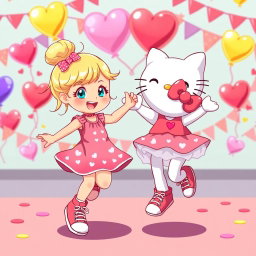 A joyful scene depicting a Sanrio girl with blonde hair styled in a cute bun and bright blue eyes, wearing classic Chuck Taylor sneakers, and dancing delightedly alongside her best friend, Hello Kitty, who is also dressed in Valentine-themed attire and wearing matching Chuck Taylors