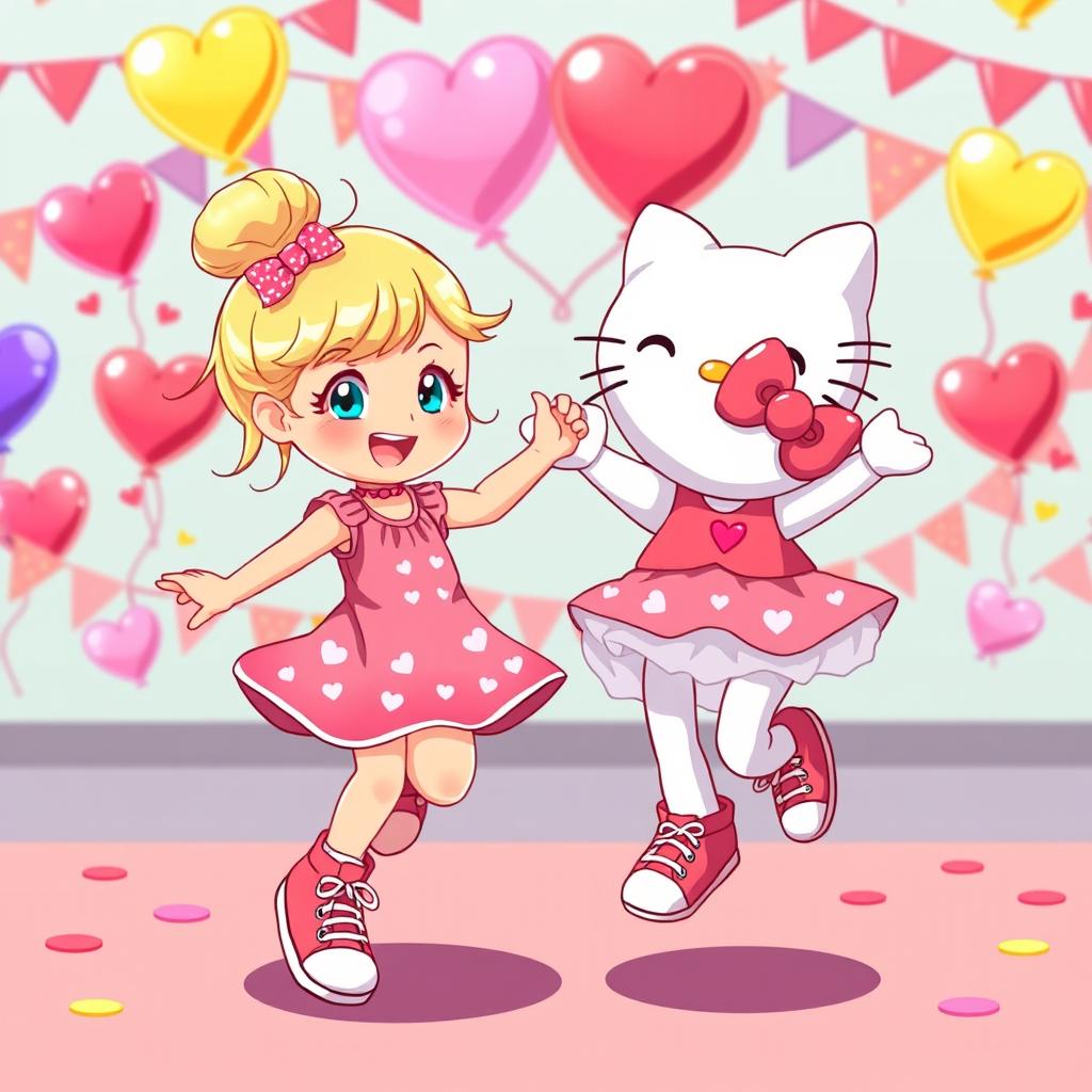 A joyful scene depicting a Sanrio girl with blonde hair styled in a cute bun and bright blue eyes, wearing classic Chuck Taylor sneakers, and dancing delightedly alongside her best friend, Hello Kitty, who is also dressed in Valentine-themed attire and wearing matching Chuck Taylors
