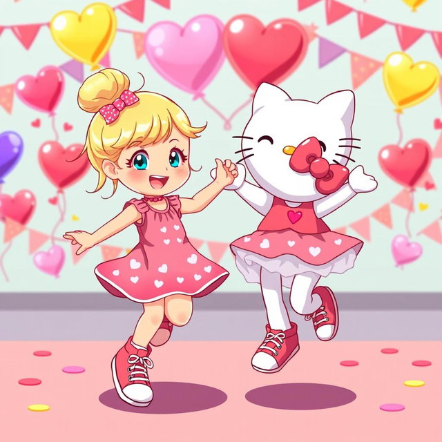 A joyful scene depicting a Sanrio girl with blonde hair styled in a cute bun and bright blue eyes, wearing classic Chuck Taylor sneakers, and dancing delightedly alongside her best friend, Hello Kitty, who is also dressed in Valentine-themed attire and wearing matching Chuck Taylors
