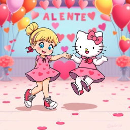A joyful scene depicting a Sanrio girl with blonde hair styled in a cute bun and bright blue eyes, wearing classic Chuck Taylor sneakers, and dancing delightedly alongside her best friend, Hello Kitty, who is also dressed in Valentine-themed attire and wearing matching Chuck Taylors