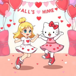 A joyful scene depicting a Sanrio girl with blonde hair styled in a cute bun and bright blue eyes, wearing classic Chuck Taylor sneakers, and dancing delightedly alongside her best friend, Hello Kitty, who is also dressed in Valentine-themed attire and wearing matching Chuck Taylors