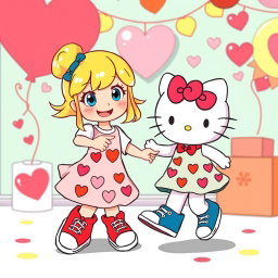 A lively scene depicting a Sanrio girl with blonde hair styled in a playful bun and striking blue eyes, wearing classic Chuck Taylor sneakers