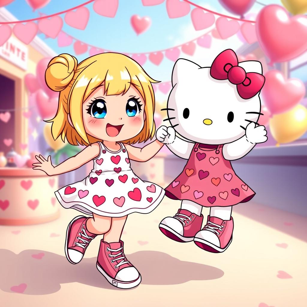 A lively scene depicting a Sanrio girl with blonde hair styled in a playful bun and striking blue eyes, wearing classic Chuck Taylor sneakers