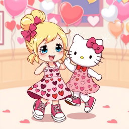 A lively scene depicting a Sanrio girl with blonde hair styled in a playful bun and striking blue eyes, wearing classic Chuck Taylor sneakers