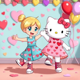 A lively scene depicting a Sanrio girl with blonde hair styled in a playful bun and striking blue eyes, wearing classic Chuck Taylor sneakers