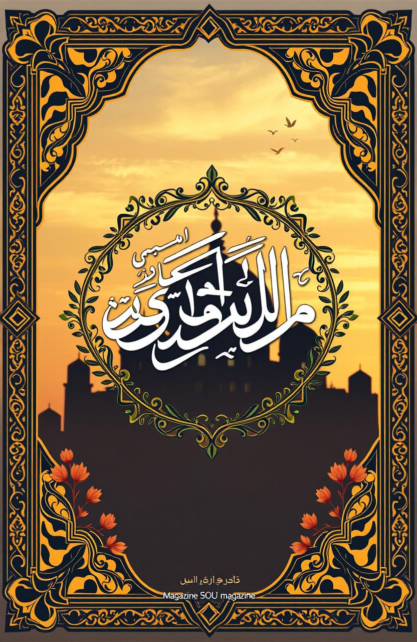 A beautiful, elegant cover design for an Islamic magazine, featuring intricate geometric patterns and arabesques