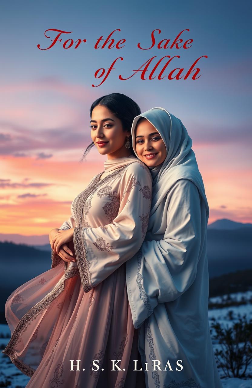 A beautiful and ethereal book cover depicting two close friends embraced in a spiritual journey, inspired by Sufism and their devotion to Allah