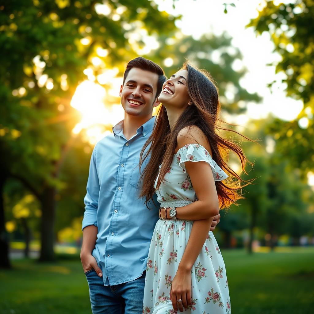A beautiful romantic scene depicting two adults, a man and a woman, in a lush park during golden hour