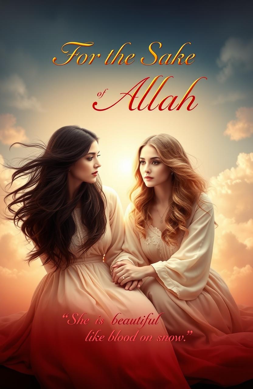 A beautiful book cover design representing the themes of spirituality and friendship, depicting two women, one with radiant features, sitting together in a serene, mystical setting that reflects Sufism