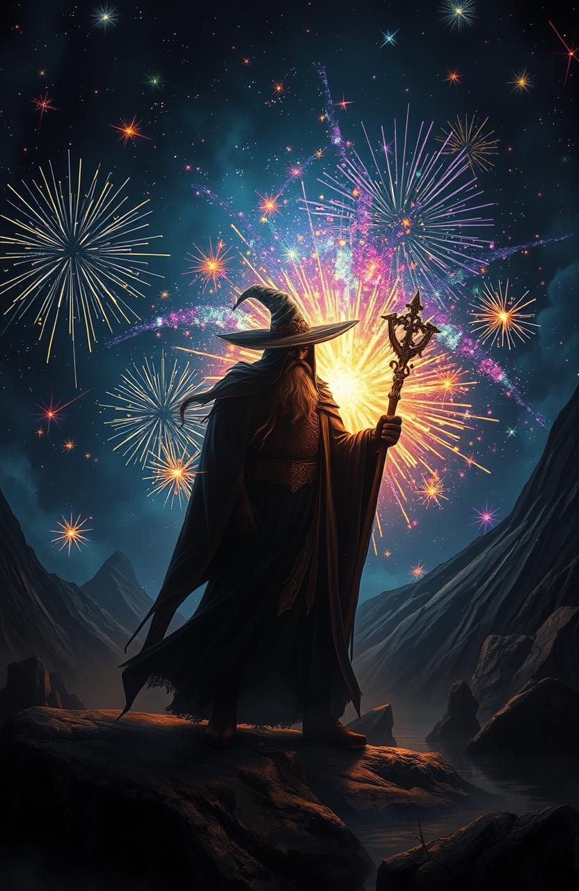 A dramatic fantasy scene featuring exploding stars illuminating a dark, mystical landscape