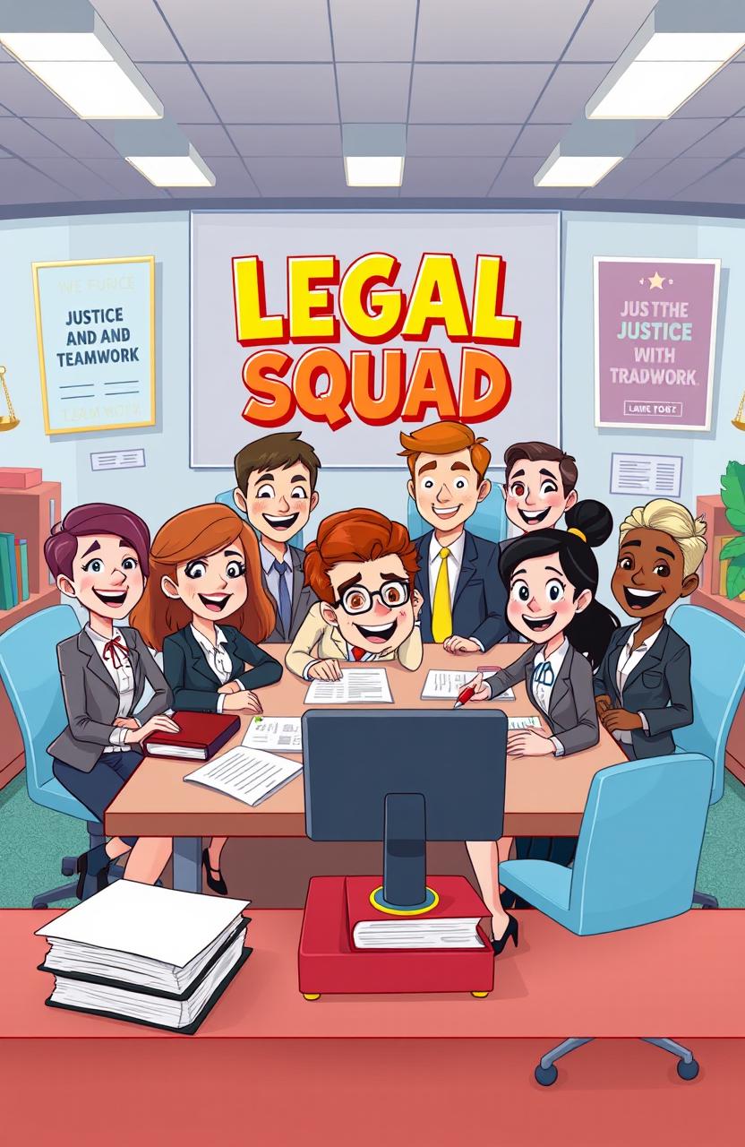 A fun and engaging legal-themed illustration featuring a diverse team of animated characters representing a 'Legal Squad'