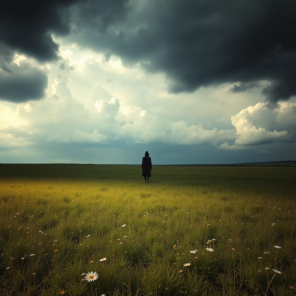 A suspenseful scene depicting an open prairie under a dramatic sky, where a single, eerie figure stands in the distance