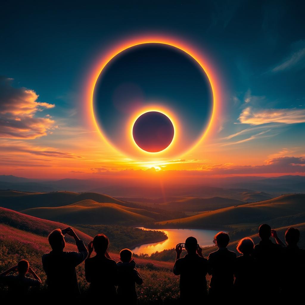 A magnificent and vibrant depiction of a solar eclipse, where the moon perfectly aligns with the sun, creating an ethereal halo of light