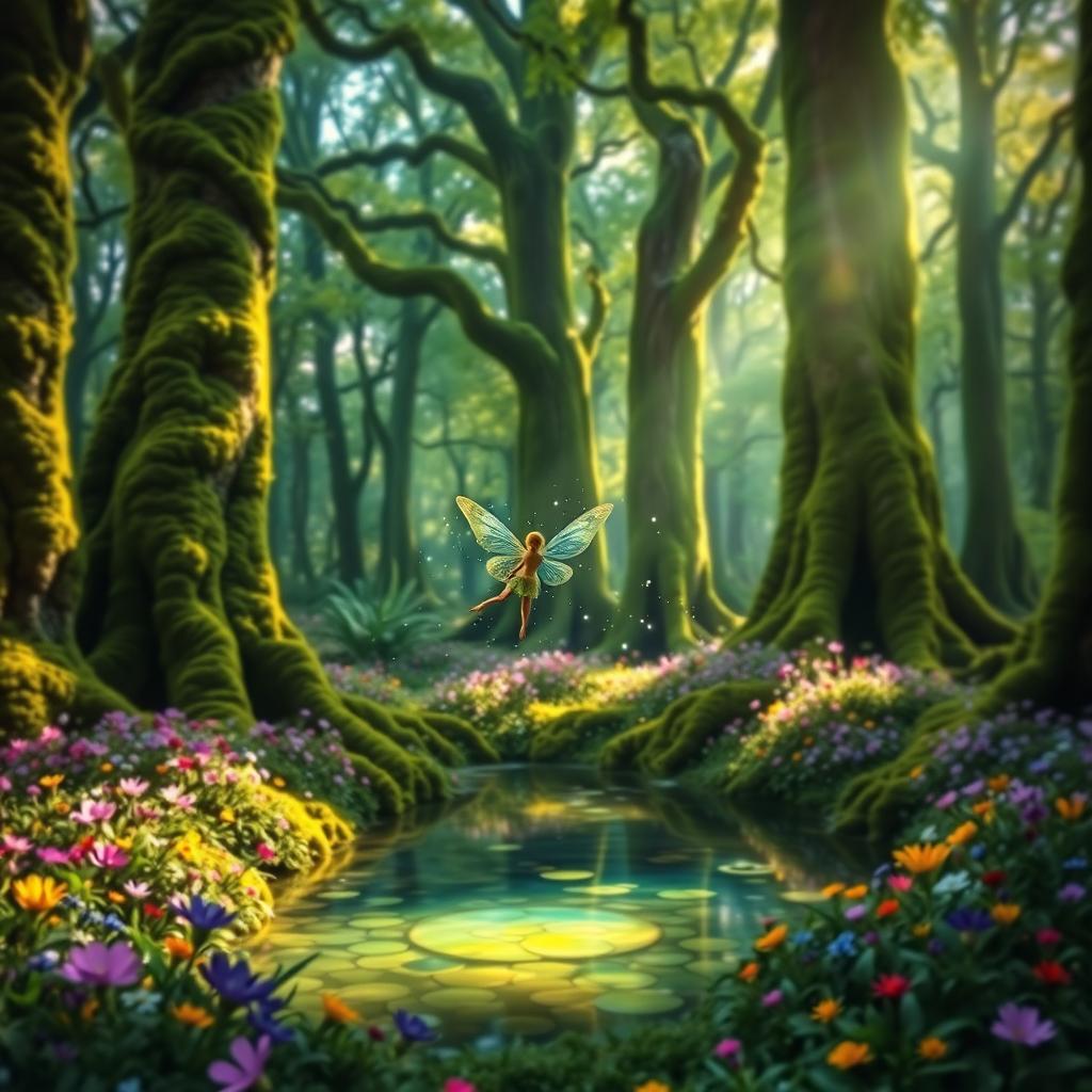 A mystical forest scene with tall ancient trees covered in vibrant green moss
