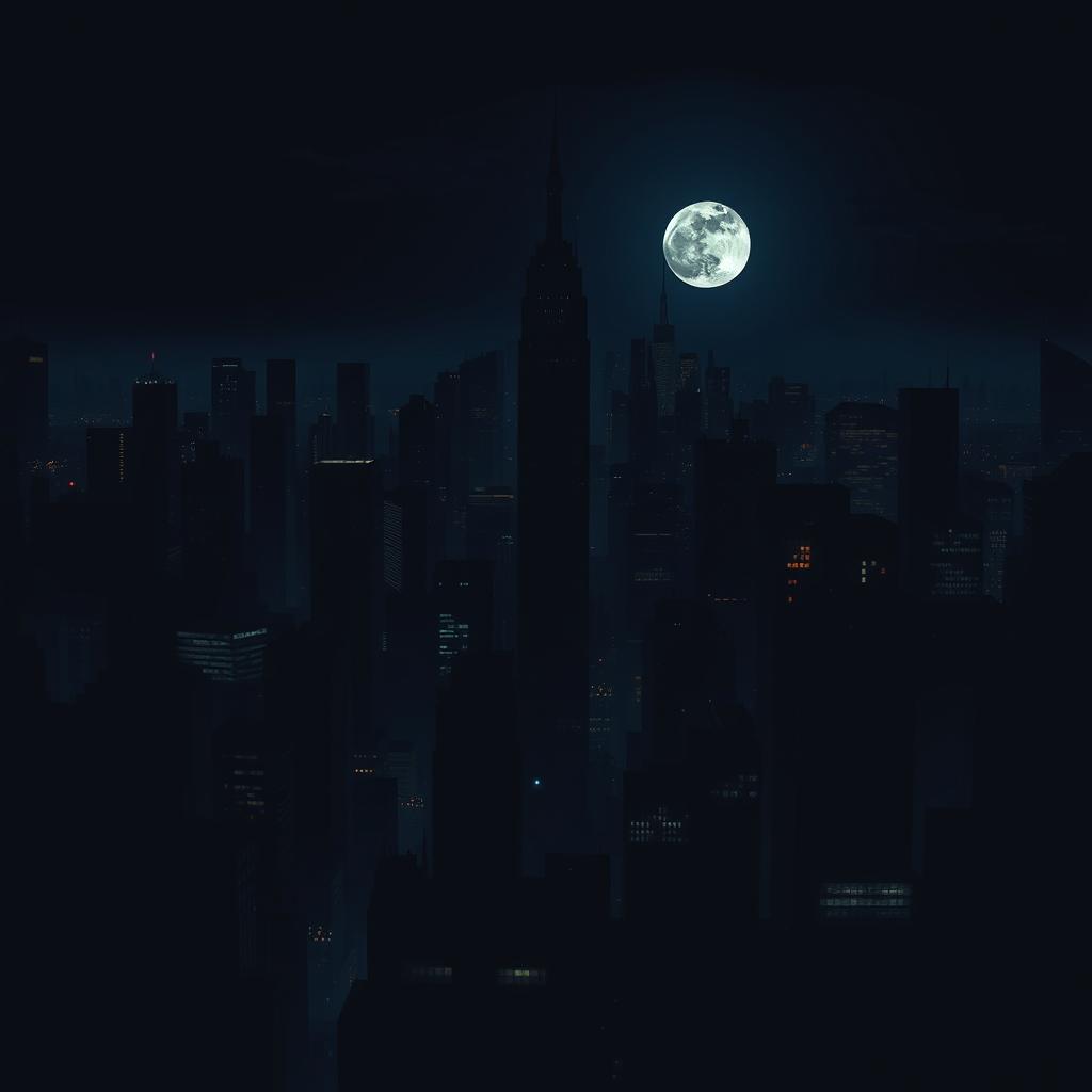 A captivating night scene of a dark, sprawling metropolis filled with towering skyscrapers, each emanating an air of mystery