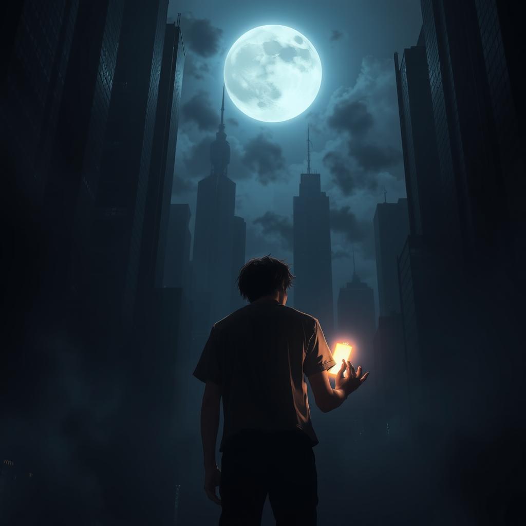 An intriguing night scene of a dark, sprawling metropolis, where tall skyscrapers loom mysteriously against a partially obscured moon in the sky