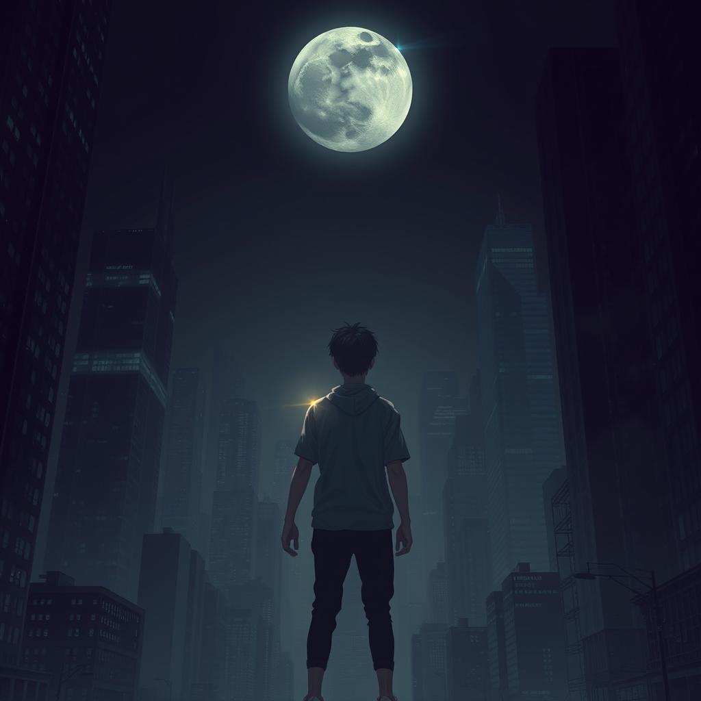 In a dark, sprawling metropolis at night, towering skyscrapers create an air of mystery under a partially obscured moon, generating an atmosphere thick with tension
