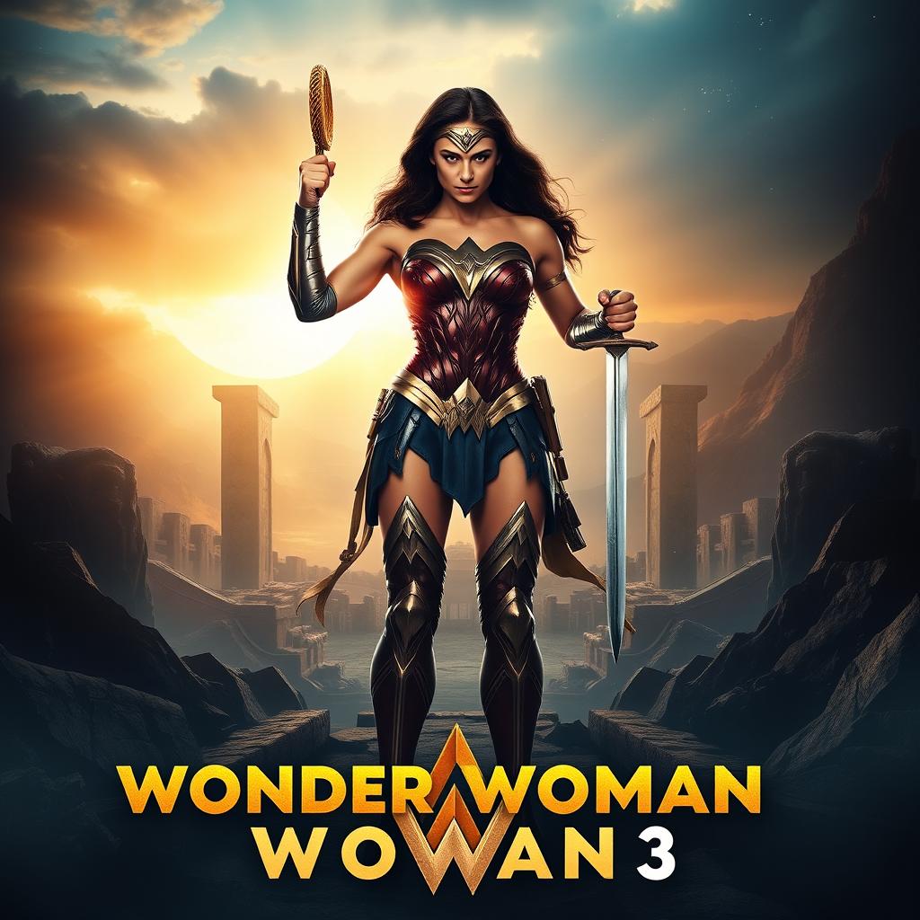 A captivating poster for 'Wonder Woman 3', with the title 'Wonder Woman 3' prominently displayed at the bottom in bold, heroic typography