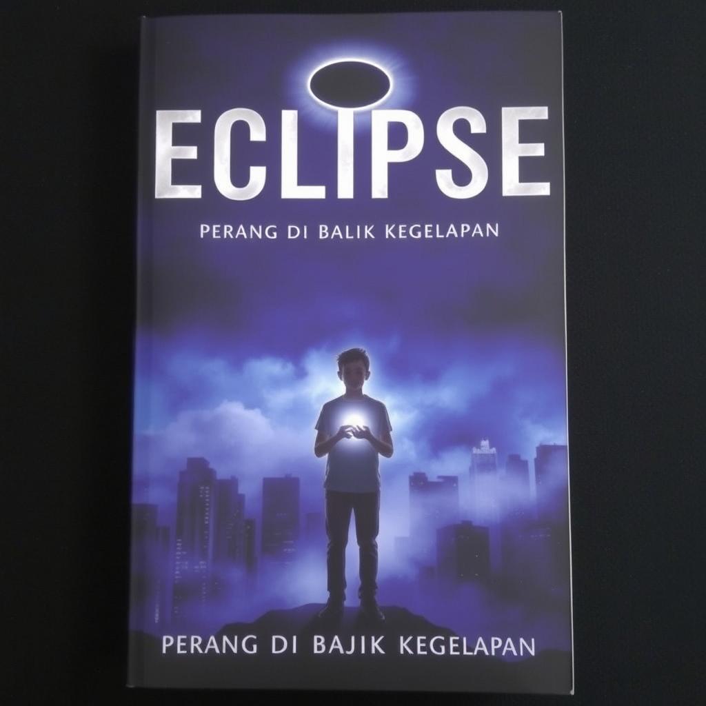 The cover of 'Eclipse: Perang di Balik Kegelapan' features a dark, mysterious metropolis at night, where towering skyscrapers are enveloped in a thick fog