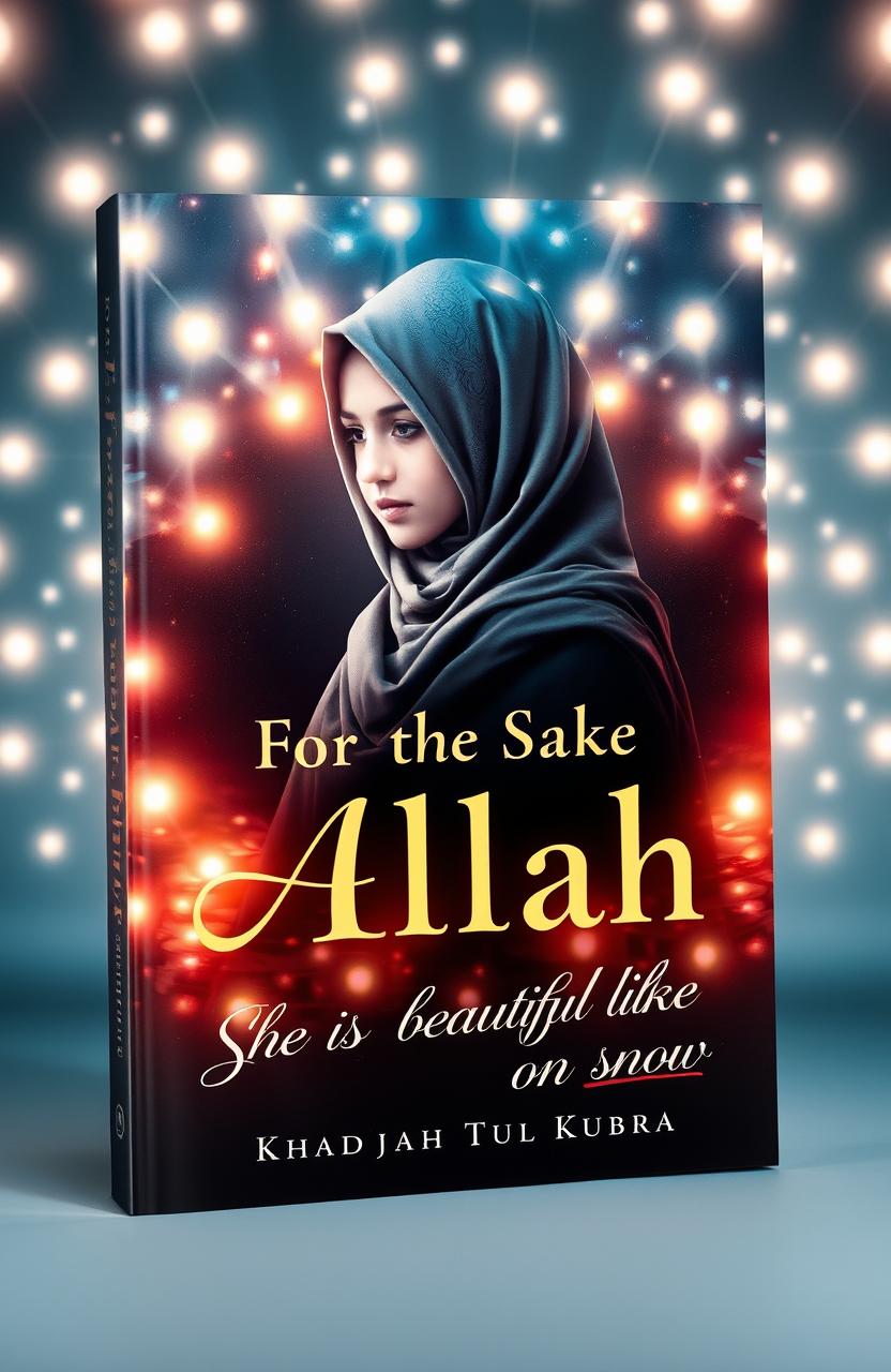 A captivating book cover featuring a girl wearing a hijab and abaya, elegantly surrounded by a multitude of glowing lights and dynamic angles that create a sense of ethereal beauty