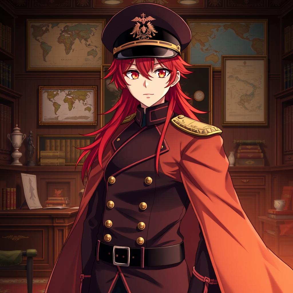 An anime male character styled as a Japanese imperial general from the World War II era, featuring vibrant red hair that resembles flames and striking orange eyes akin to dusk