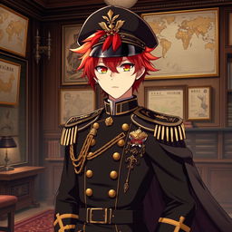 An anime male character styled as a Japanese imperial general from the World War II era, featuring vibrant red hair that resembles flames and striking orange eyes akin to dusk