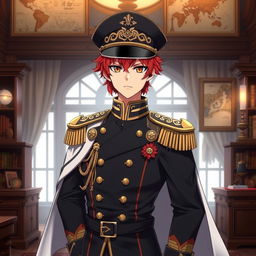 An anime male character styled as a Japanese imperial general from the World War II era, featuring vibrant red hair that resembles flames and striking orange eyes akin to dusk