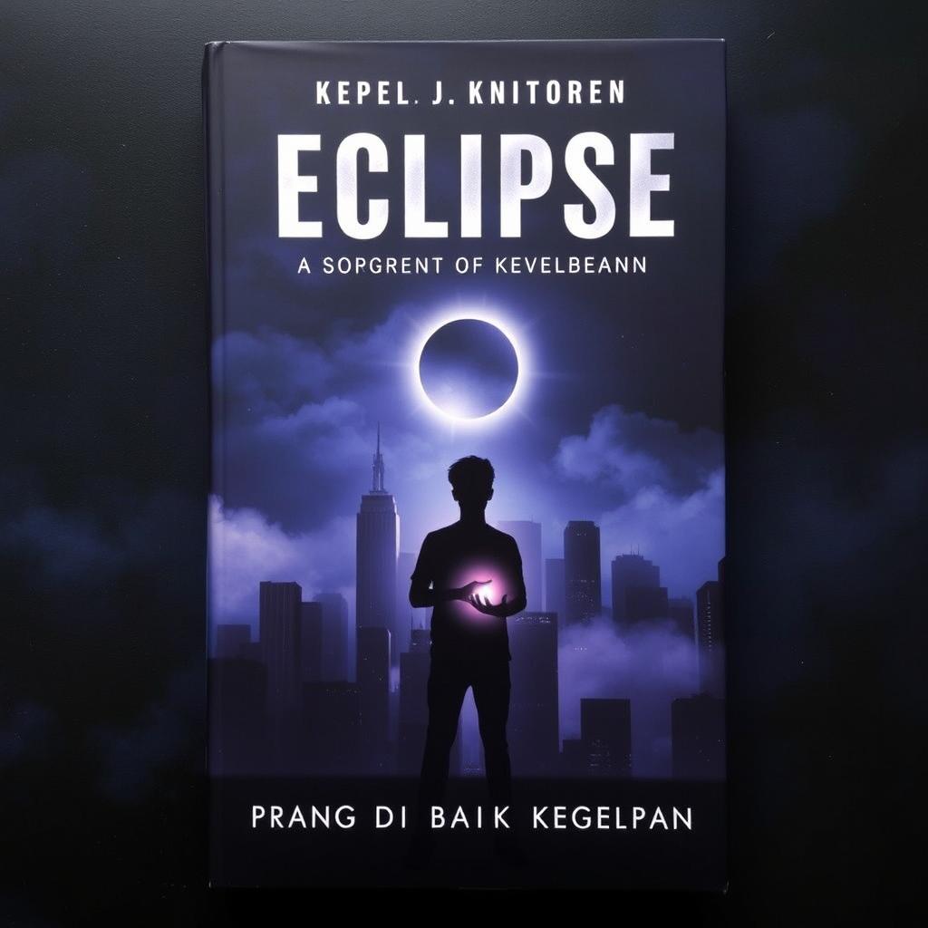 The cover of 'Eclipse: Perang di Balik Kegelapan' features a large, dark, and mysterious city at night, with tall buildings enveloped in mist