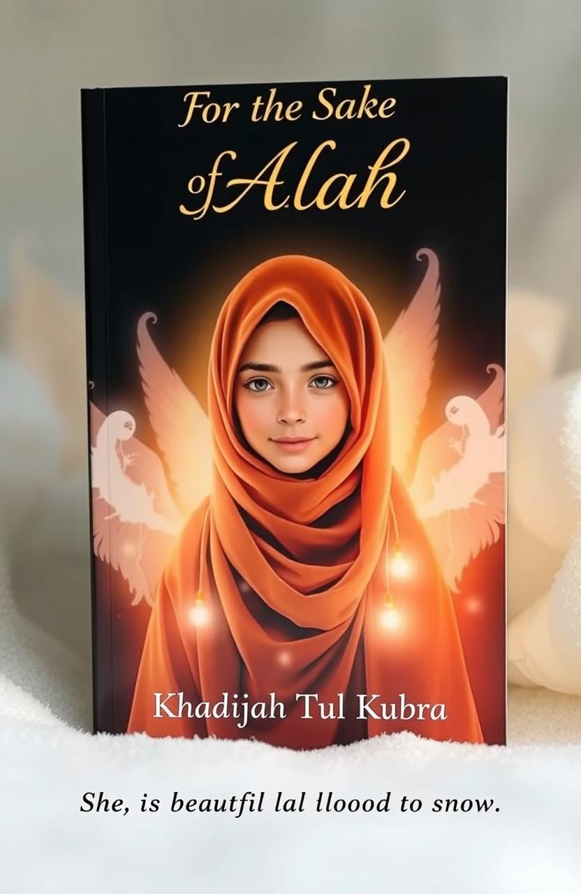 A beautiful book cover featuring a girl wearing a hijab and an abaya, surrounded by ethereal, glowing angels