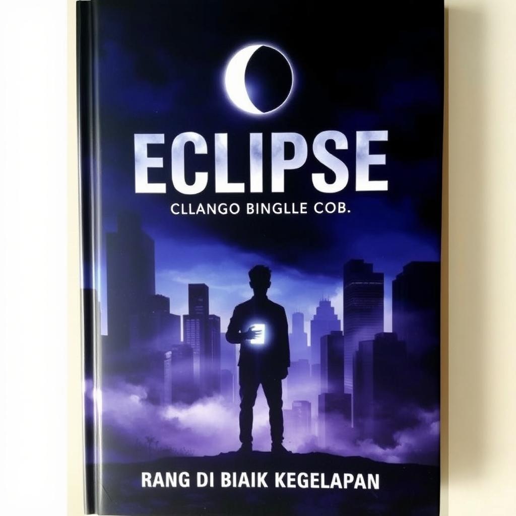 The cover of 'Eclipse: Perang di Balik Kegelapan' showcases a large, dark, and mysterious city at night, where tall buildings are shrouded in mist