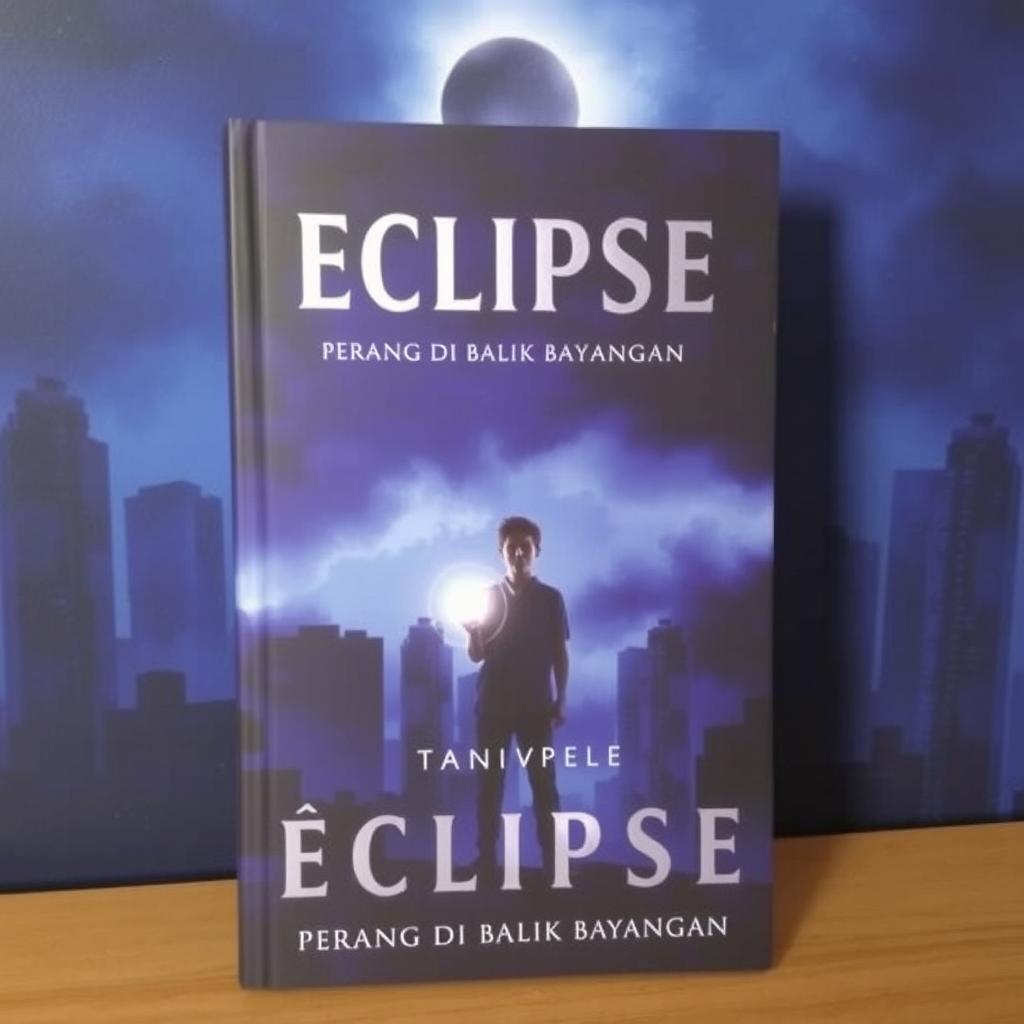 The cover of 'Eclipse: Perang di Balik Bayangan' depicts a large, dark, and mysterious city at night, with towering buildings shrouded in fog