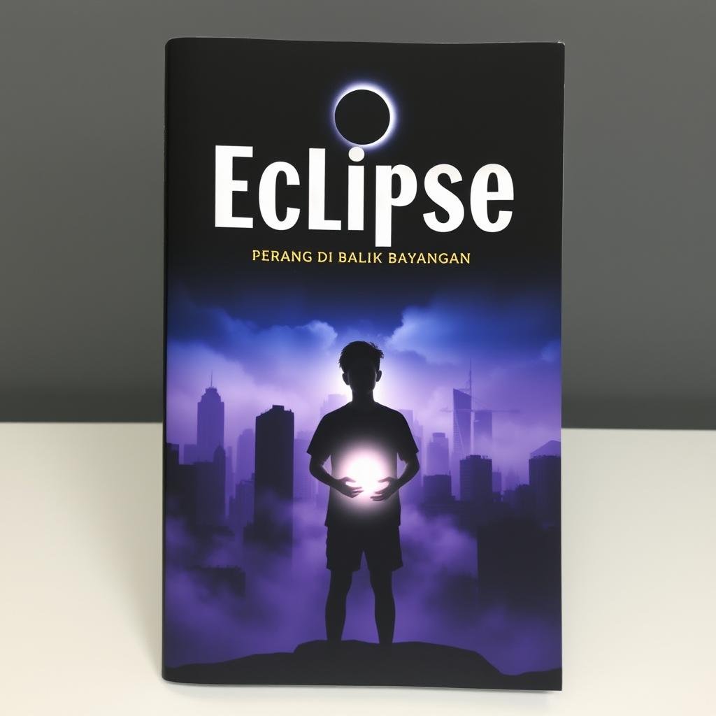 The cover of 'Eclipse: Perang di Balik Bayangan' depicts a large and mysterious city at night, with towering buildings enveloped in fog