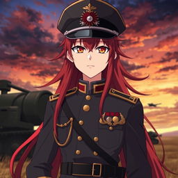 An anime male character styled as a Japanese imperial general from the World War II era, featuring long, flowing red hair that reaches his shoulders, resembling flames, and intense orange eyes that glow like dusk