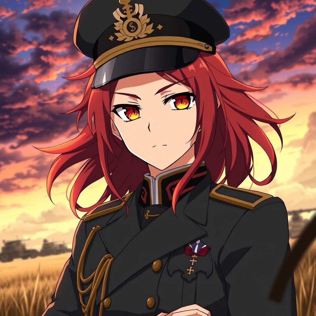 An anime male character styled as a Japanese imperial general from the World War II era, featuring long, flowing red hair that reaches his shoulders, resembling flames, and intense orange eyes that glow like dusk