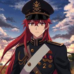 An anime male character styled as a Japanese imperial general from the World War II era, featuring long, flowing red hair that reaches his shoulders, resembling flames, and intense orange eyes that glow like dusk