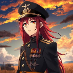 An anime male character styled as a Japanese imperial general from the World War II era, featuring long, flowing red hair that reaches his shoulders, resembling flames, and intense orange eyes that glow like dusk