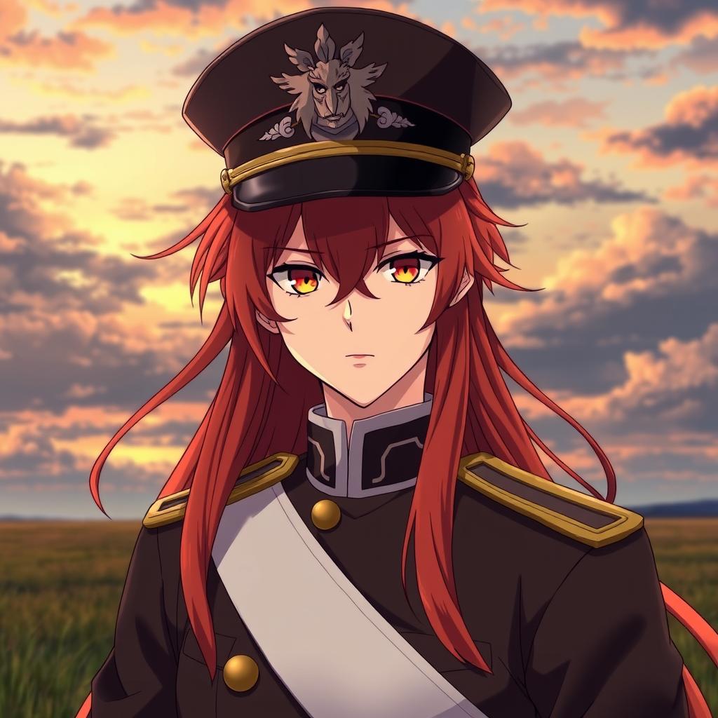 An anime male ikemen general from the Japanese imperial court in the World War II era, featuring long, flowing red hair that reaches his shoulders and resembles flames