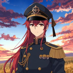 An anime male ikemen general from the Japanese imperial court in the World War II era, featuring long, flowing red hair that reaches his shoulders and resembles flames