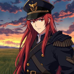 An anime male ikemen general from the Japanese imperial court in the World War II era, featuring long, flowing red hair that reaches his shoulders and resembles flames