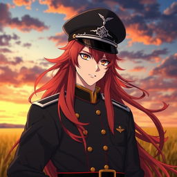 An anime male ikemen general from the Japanese imperial court in the World War II era, featuring long, flowing red hair that reaches his shoulders and resembles flames