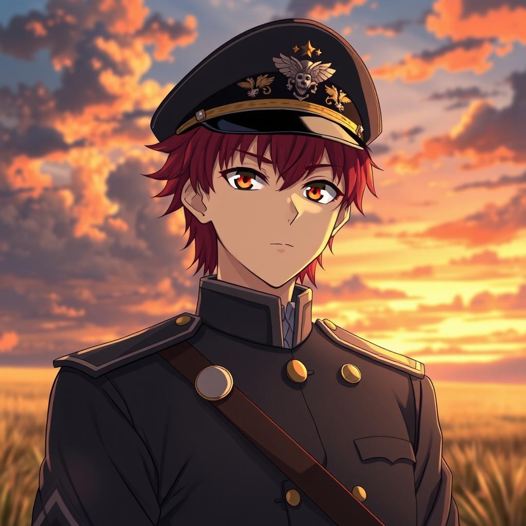 An anime male ikemen general from the Japanese imperial court in the World War II era, featuring short red hair styled like flames and captivating orange eyes reminiscent of dusk