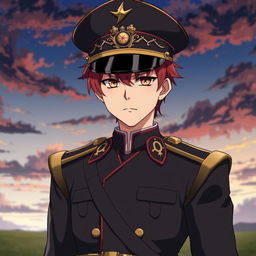An anime male ikemen general from the Japanese imperial court in the World War II era, featuring short red hair styled like flames and captivating orange eyes reminiscent of dusk