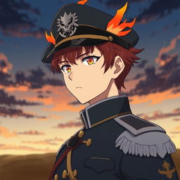 An anime male ikemen general from the Japanese imperial court in the World War II era, featuring short red hair styled like flames and captivating orange eyes reminiscent of dusk