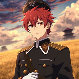 An anime male ikemen general from the Japanese imperial court in the World War II era, featuring short red hair styled like flames and captivating orange eyes reminiscent of dusk