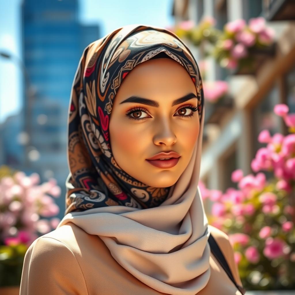 A beautiful woman wearing a stylish hijab, with intricate patterns and bold colors, elegantly draped around her head