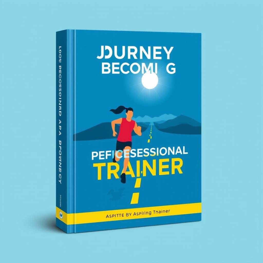 A captivating book cover for 'Journey To Becoming A Professional Trainer', designed in a flat style with a dominant blue color palette