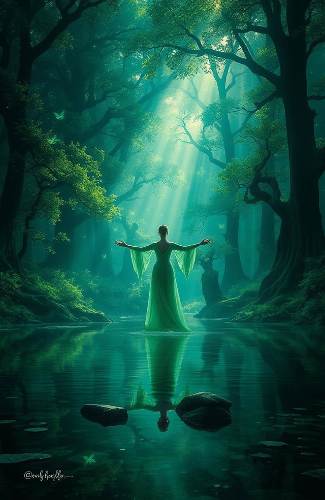A breathtaking fantasy scene featuring a mystical forest bathed in shades of deep emerald green