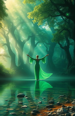 A breathtaking fantasy scene featuring a mystical forest bathed in shades of deep emerald green